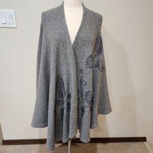 Italian Wool Blend Embroidered Wrap Shawl Poncho Cape Luxury Travel One Size